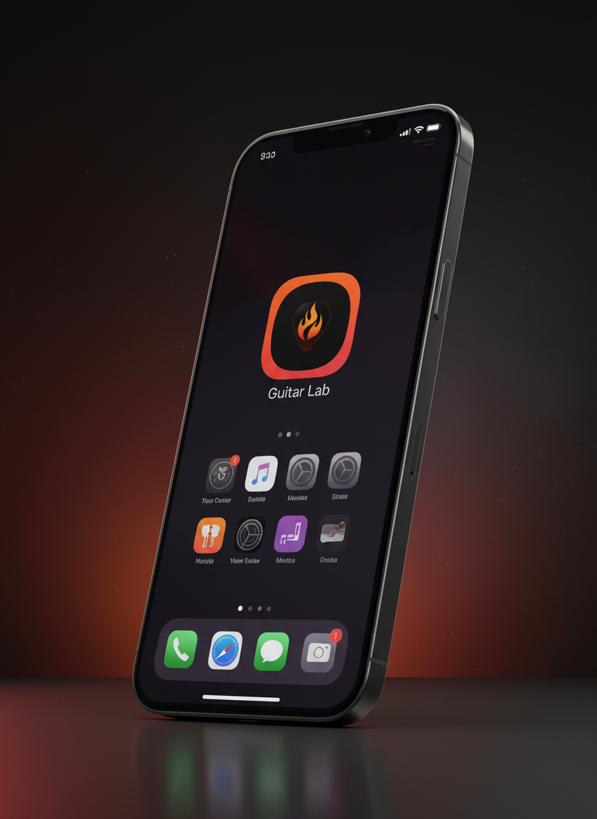 Guitar Lab, o app da mentoria, exibido em um iPhone